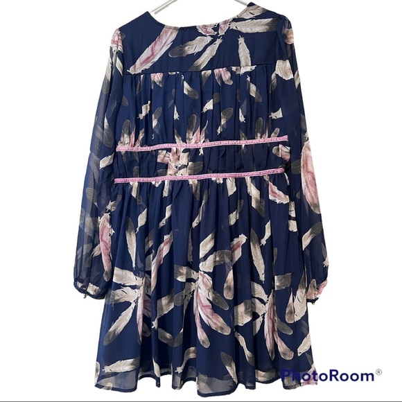 ENTRO large womens feather print ruched empire waist with lavender velvet trim - Picture 13 of 14